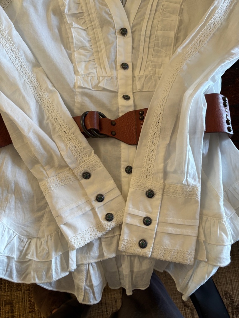 White Ruffled Button-Front Women’s Top - Picture 3 of 9